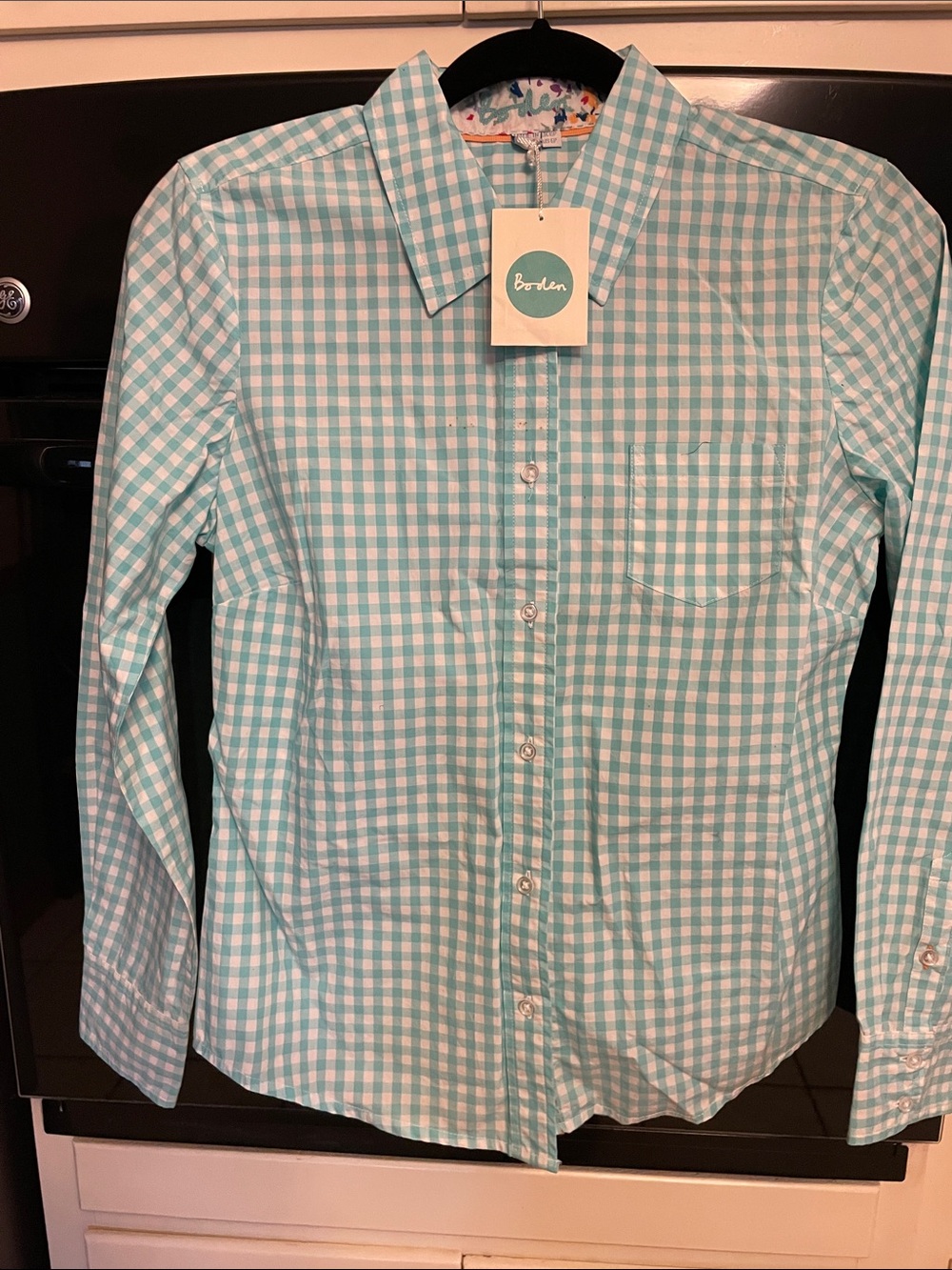 Boden Mint and White Gingham Button-Up Shirt